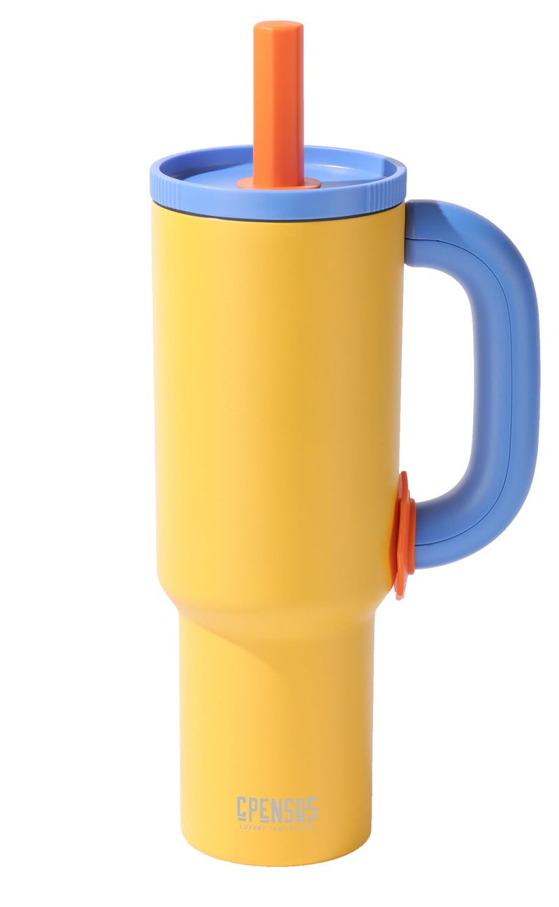 CPENSUS 1200ML Stainless Steel Tumbler with Lid and Straw, Hot and Cold with Handle, 100% Leak Proof Mug Cupholder for Travelling, Gym (Yellow + Blue) - Image 1