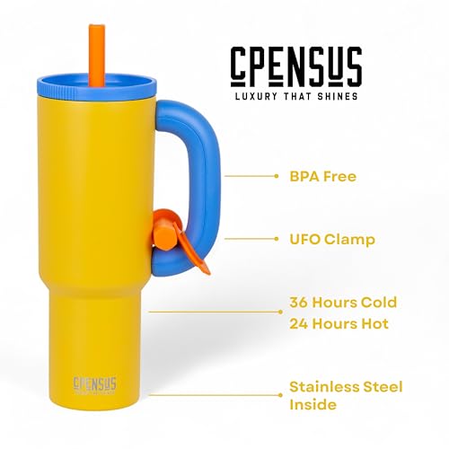 CPENSUS 1200ML Stainless Steel Tumbler with Lid and Straw, Hot and Cold with Handle, 100% Leak Proof Mug Cupholder for Travelling, Gym (Yellow + Blue) - Image 3