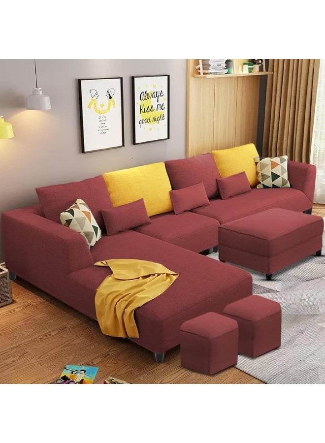 Comfynest Classic L-Shaped Sofa Set Accompanied by an Ottoman and Two Poufs (Deep Red, RIGHT BED) - Image 1
