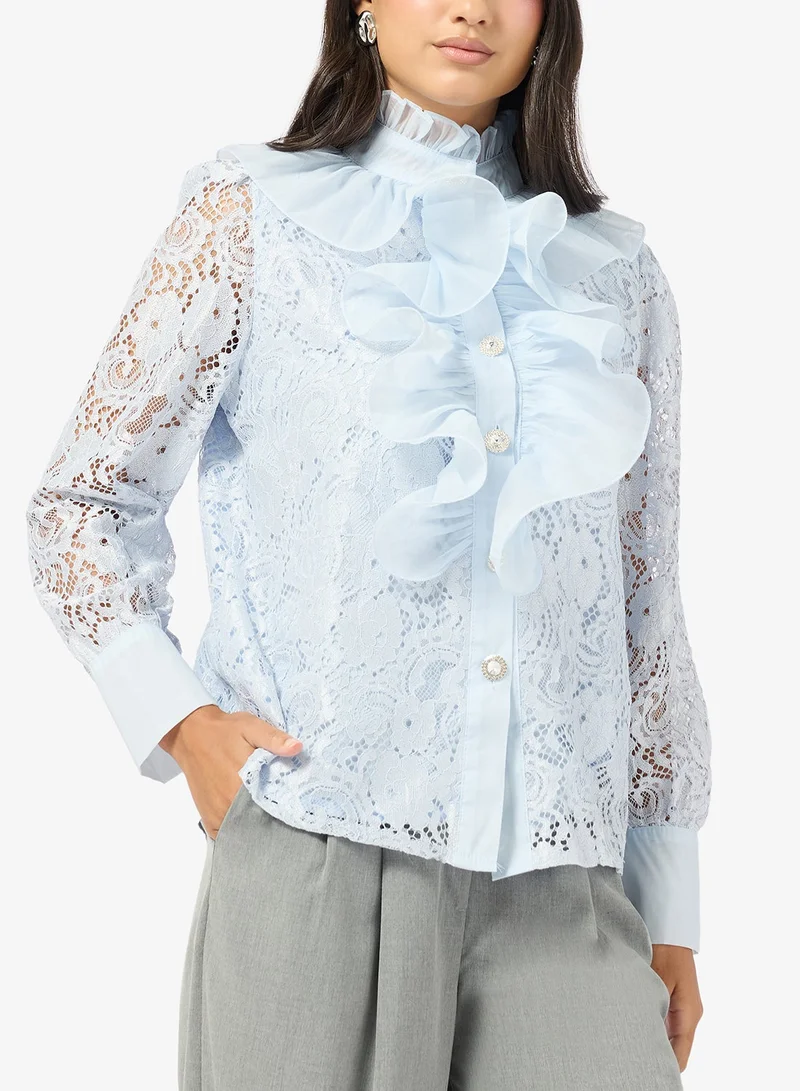 ELLA Lace Button Down Shirt With Ruffles