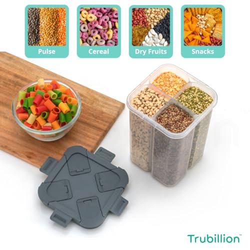 TRUBILLION SplitBox - Pack of 2, 4-Section Kitchen Food Storage Container,2000ml BPA-Free Transparent,Black Lid,Removable Divider,Freezer Safe,Stackable,Space Saving,Pulses,Snacks,Dry Fruits (Grey) - Image 3