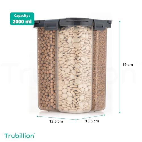 TRUBILLION SplitBox - Pack of 2, 4-Section Kitchen Food Storage Container,2000ml BPA-Free Transparent,Black Lid,Removable Divider,Freezer Safe,Stackable,Space Saving,Pulses,Snacks,Dry Fruits (Grey) - Image 5