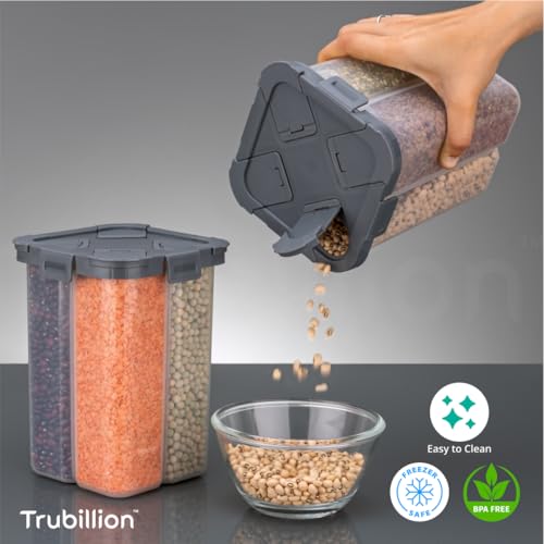 TRUBILLION SplitBox - Pack of 2, 4-Section Kitchen Food Storage Container,2000ml BPA-Free Transparent,Black Lid,Removable Divider,Freezer Safe,Stackable,Space Saving,Pulses,Snacks,Dry Fruits (Grey) - Image 4