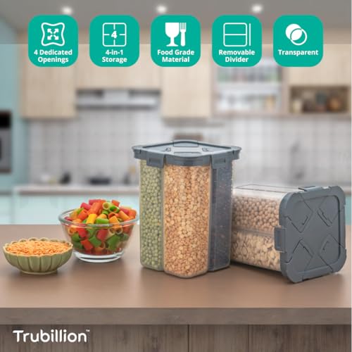 TRUBILLION SplitBox - Pack of 2, 4-Section Kitchen Food Storage Container,2000ml BPA-Free Transparent,Black Lid,Removable Divider,Freezer Safe,Stackable,Space Saving,Pulses,Snacks,Dry Fruits (Grey) - Image 2
