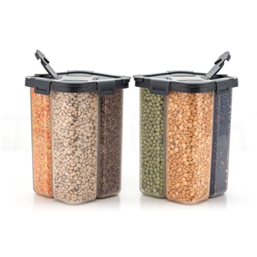 TRUBILLION SplitBox - Pack of 2, 4-Section Kitchen Food Storage Container,2000ml BPA-Free Transparent,Black Lid,Removable Divider,Freezer Safe,Stackable,Space Saving,Pulses,Snacks,Dry Fruits (Grey) - Image 1