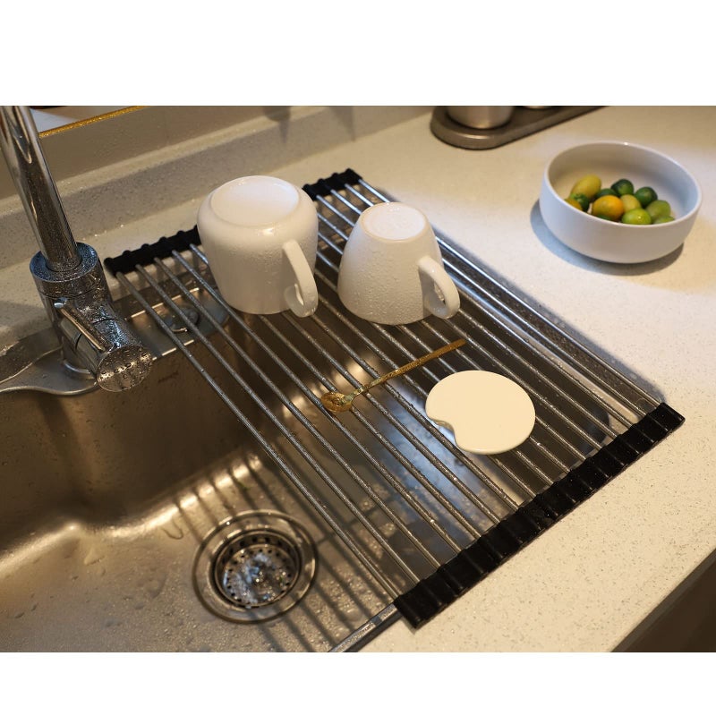 SHUYUE Roll up Dish Drying Rack Over The Sink Portable Stainless Still Rolling Rack Folding Mat for Kitchen Counter Black 177LX112W