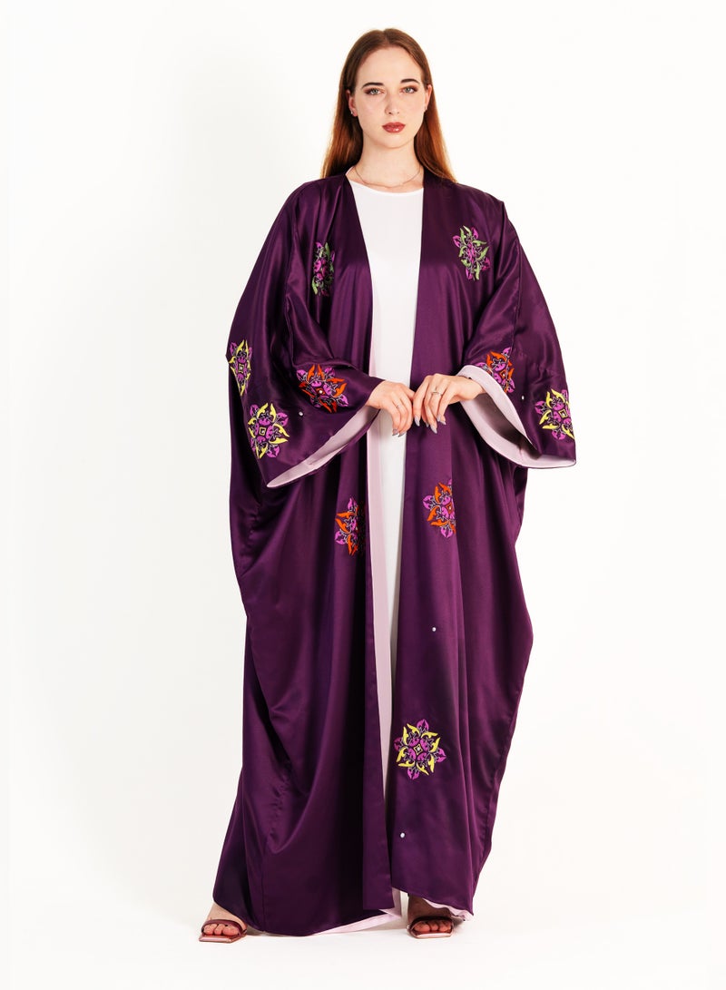 Rosette Abaya Purple Bisht with Mix Arabic color design with double fabric - Image 1