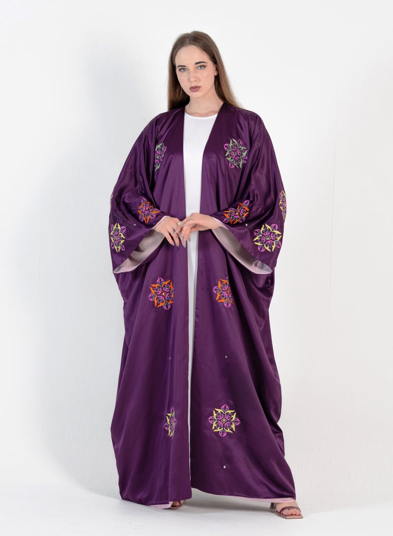 Rosette Abaya Purple Bisht with Mix Arabic color design with double fabric - Image 2