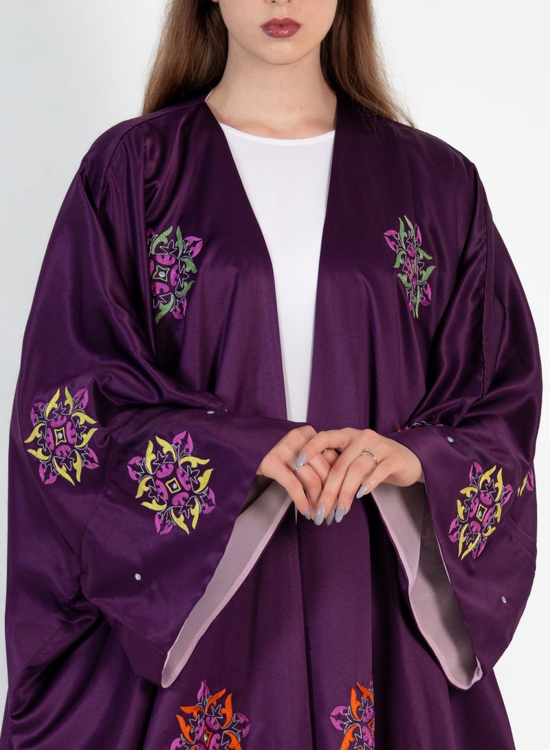 Rosette Abaya Purple Bisht with Mix Arabic color design with double fabric - Image 4