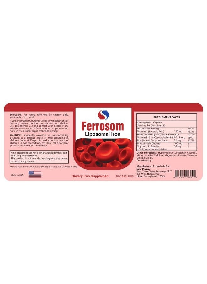 Ferrosom - Liposomal Iron Supplements by Siba Pharm | Ferrosom Dietry Iron Vitamins Supplement | Rich in Vitamin C, B12, Folic Acid| Non GMO, Vegan, Premium Quality| Helps New Blood Cell Production | 30 Capsules - Image 1