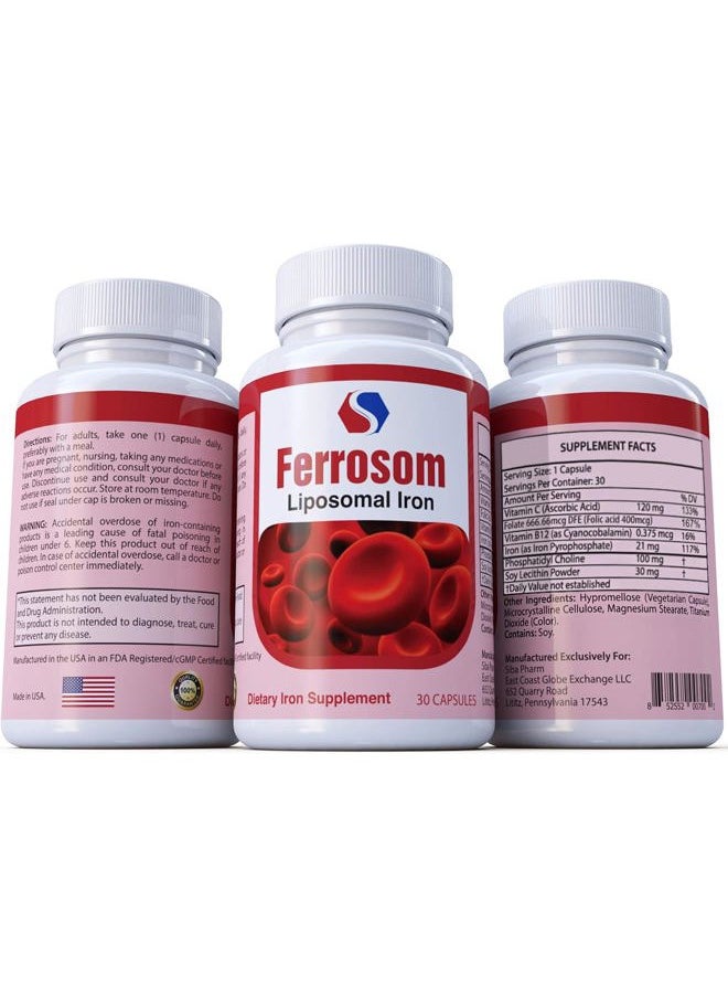 Ferrosom - Liposomal Iron Supplements by Siba Pharm | Ferrosom Dietry Iron Vitamins Supplement | Rich in Vitamin C, B12, Folic Acid| Non GMO, Vegan, Premium Quality| Helps New Blood Cell Production | 30 Capsules - Image 1