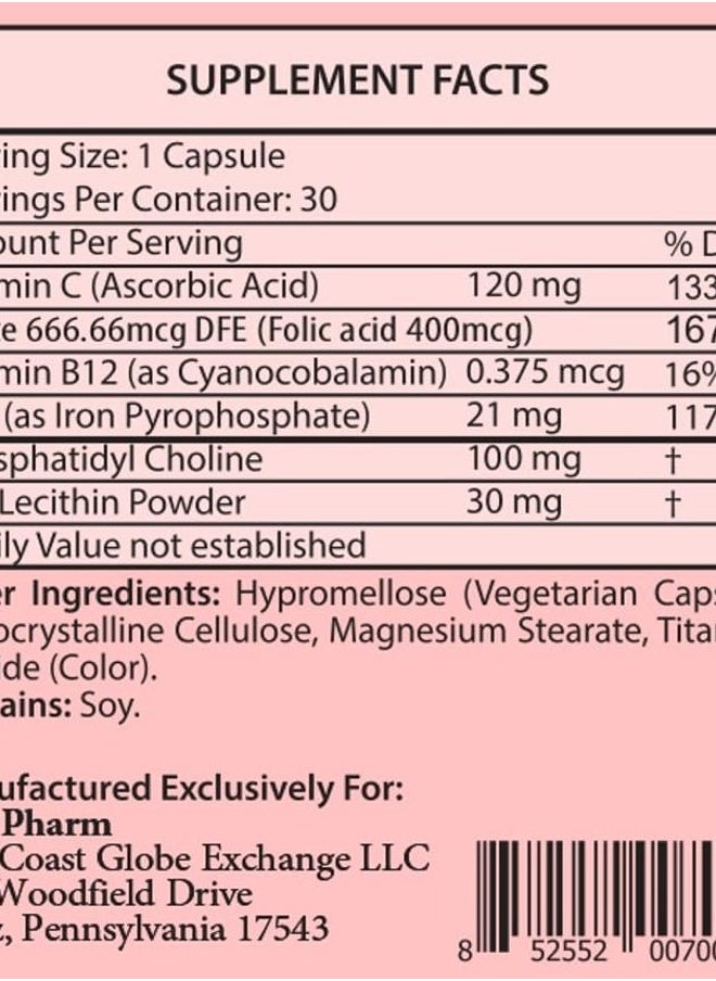 Ferrosom - Liposomal Iron Supplements by Siba Pharm | Ferrosom Dietry Iron Vitamins Supplement | Rich in Vitamin C, B12, Folic Acid| Non GMO, Vegan, Premium Quality| Helps New Blood Cell Production | 30 Capsules - Image 1