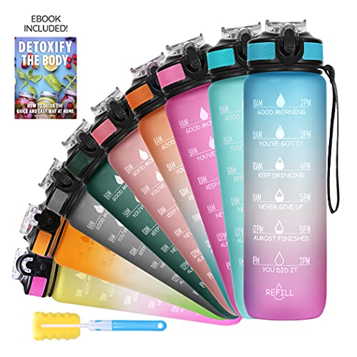 SOLARA Sipper Water Bottle for adults 1 Litre, Leakproof, BPA-Free & Durable Tritan, Water Bottle for Gym, Kids, School & Office, Motivational Time Marker, 1Ltr Sipper Bottle with straw, Blue Fushcia - Image 1