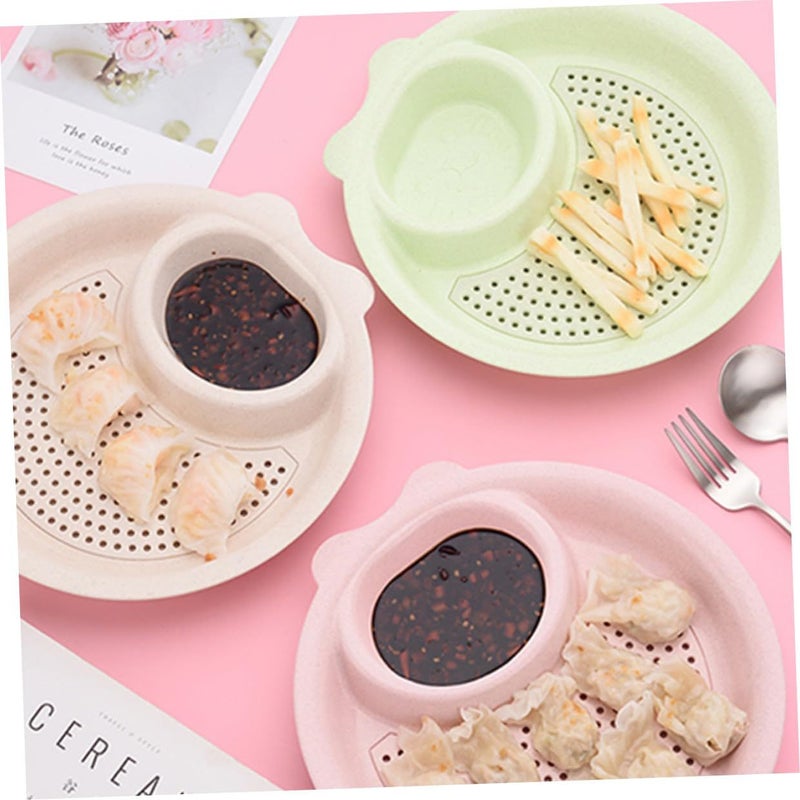 Wheat Straw Dumpling Draining Plates Set 3 Double Layer Dipping Saucer Grid Nordic Green Pink Beige - Image 3