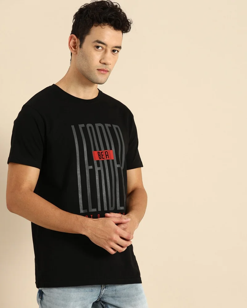 bewakoof Men's Black Leader Typography T-shirt