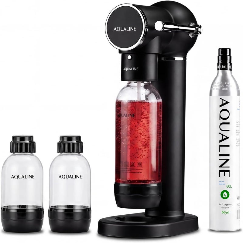 Aqualine Essence Pro Sparkling Water Maker, Starter Kit | Home Soda Maker, Sparkles Any Drink | Fizz Infuser | 1x 60L CO2 Cylinder, 1L & 2x 500ml BPA-Free Bottles | Proudly Saudi | Black - Image 1