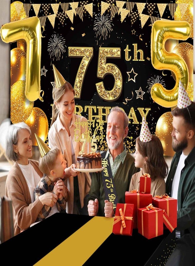 YeohJoy 75th Birthday Decorations Men Women with 75th Birthday Banner, Black and Gold Table Cloth, 75 Number Balloons, 75th Birthday Sash, 75th Birthday Cake Topper and 75th Birthday Candles - Image 2