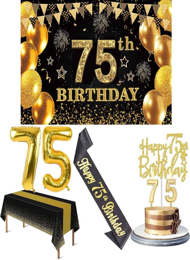YeohJoy 75th Birthday Decorations Men Women with 75th Birthday Banner, Black and Gold Table Cloth, 75 Number Balloons, 75th Birthday Sash, 75th Birthday Cake Topper and 75th Birthday Candles - Image 1