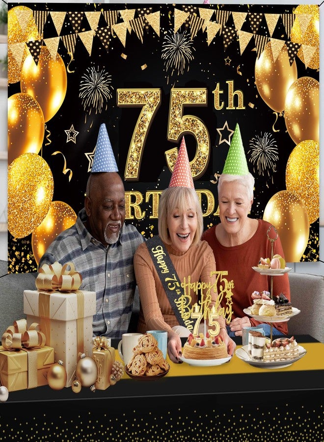YeohJoy 75th Birthday Decorations Men Women with 75th Birthday Banner, Black and Gold Table Cloth, 75 Number Balloons, 75th Birthday Sash, 75th Birthday Cake Topper and 75th Birthday Candles - Image 3
