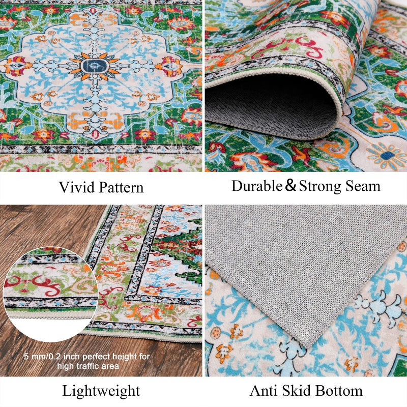U'Artlines 2' x 8' Boho Hallway Runner Rug, Non Slip Washable Vintage Farmhouse Accent Area Rug Carpet for Kitchen Entryway Laundry and Living Room (Green) - Image 3