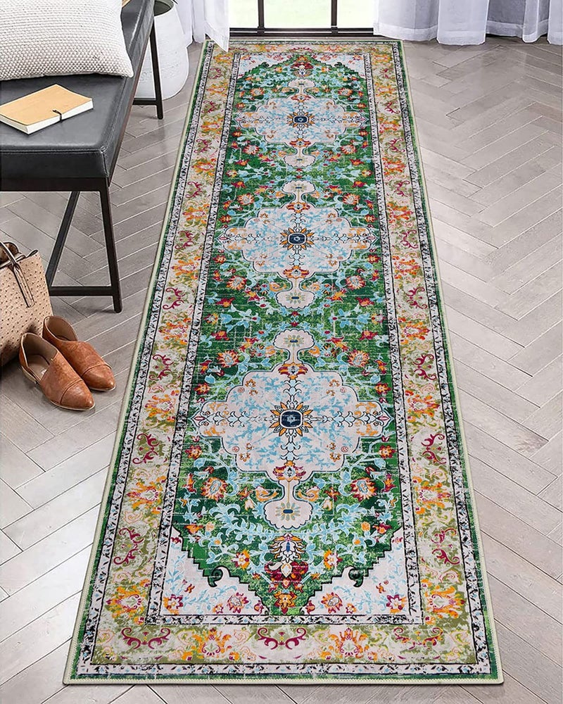 U'Artlines 2' x 8' Boho Hallway Runner Rug, Non Slip Washable Vintage Farmhouse Accent Area Rug Carpet for Kitchen Entryway Laundry and Living Room (Green) - Image 1