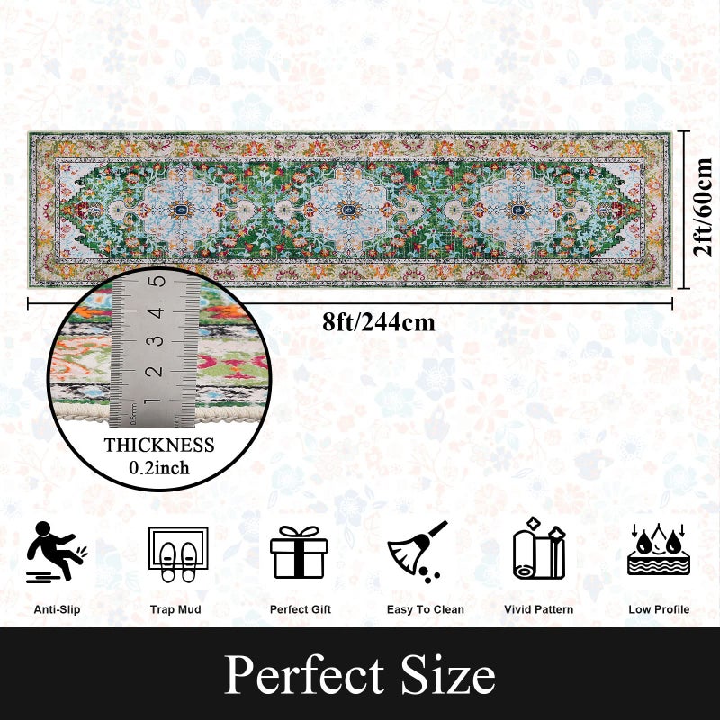 U'Artlines 2' x 8' Boho Hallway Runner Rug, Non Slip Washable Vintage Farmhouse Accent Area Rug Carpet for Kitchen Entryway Laundry and Living Room (Green) - Image 2