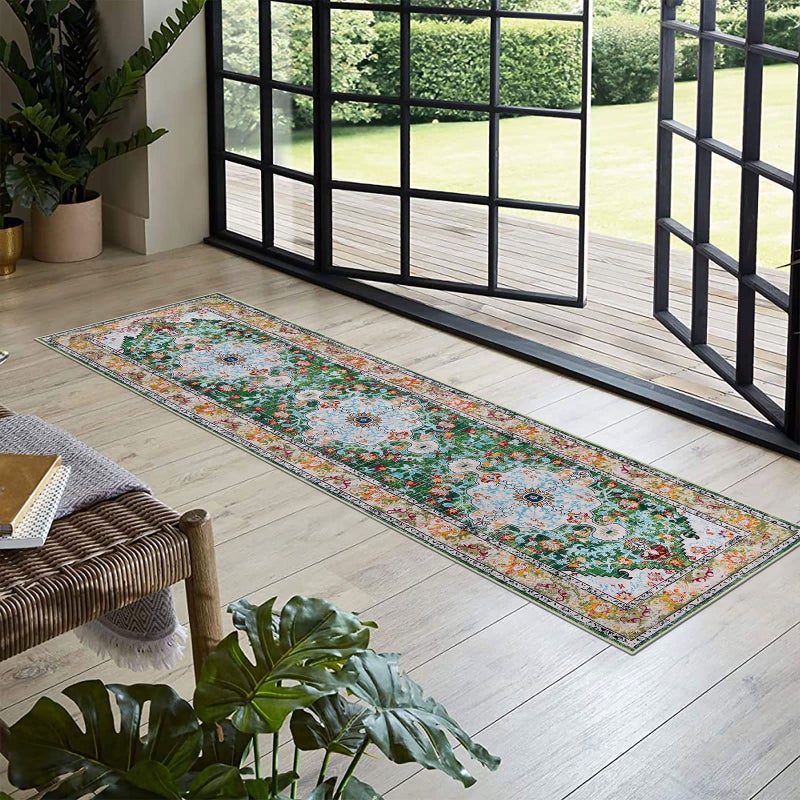 U'Artlines 2' x 8' Boho Hallway Runner Rug, Non Slip Washable Vintage Farmhouse Accent Area Rug Carpet for Kitchen Entryway Laundry and Living Room (Green) - Image 4