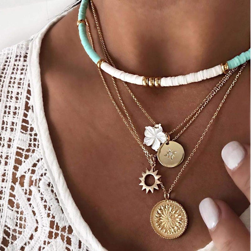 Gangel White Heishi Surfer Choker Layered Necklace Gold Flower Helios Necklace Choker Summer Pendant Jewelry for Women - Image 1