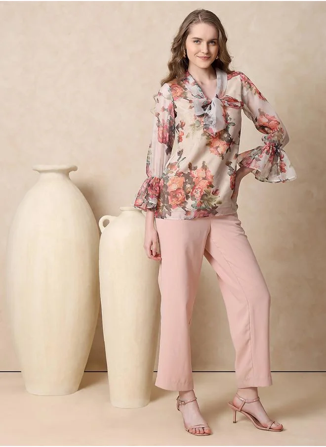 Mish Georgette Floral Print Top with Tie-Up Neck