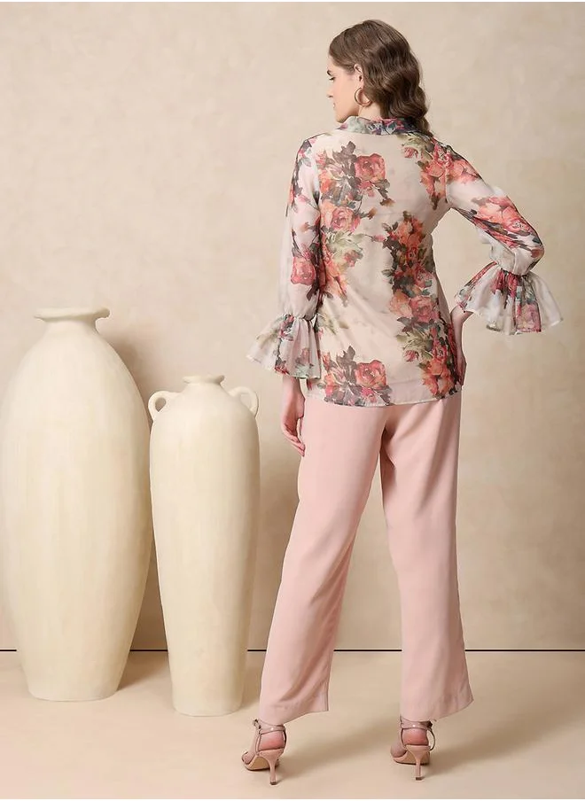 Mish Georgette Floral Print Top with Tie-Up Neck