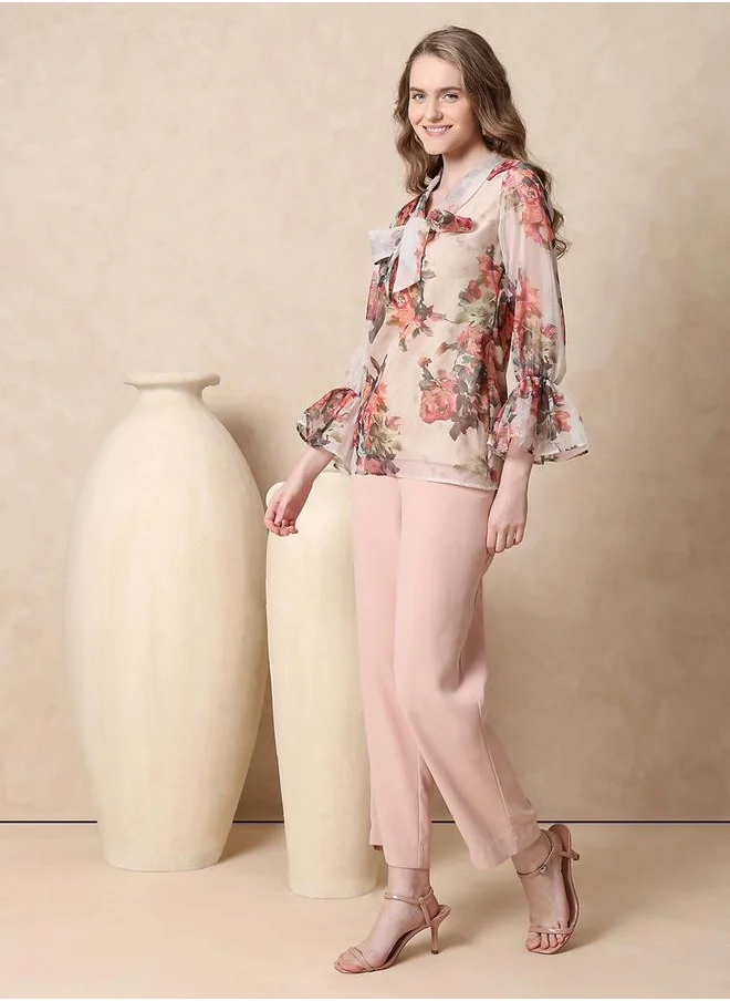 Mish Georgette Floral Print Top with Tie-Up Neck