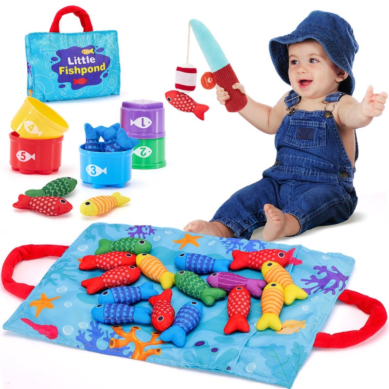hahaland Toddler Toys Montessori Toys for 1 Year Old Boy Girl Birthday Gift - 10 in 1 Cloth Fishing Game Christmas Toddler Gifts 1-3 with Stacking Cups - Number Counting, Color Sorting Learning - Image 1