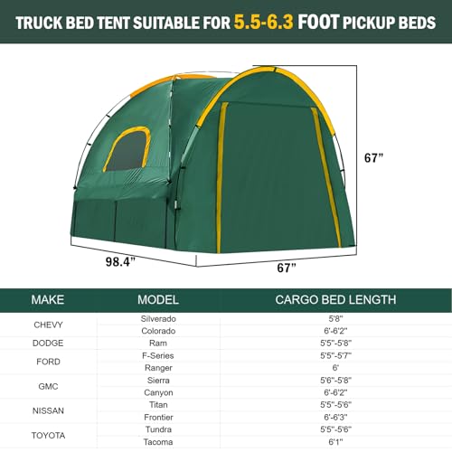 Qualencey Pickup Truck Tent with Awning Shade,Waterproof PU5000mm Oxford for 5.5-6.3 FT Truck Bed for Camping Travel Outdoor Activities for Chevy Silverado 1500,Ram 1500/Dakota,F150,GMC 1500,Titan,Tundra(Green) - Image 2
