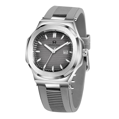 SWADESI STUFF Men's Stylish Date Display Analog Wrist Watch | 42mm Stainless Steel Case | Multicolor Silicone Strap | Casual & Formal Wear for Men (Sharkgrey) - Image 2