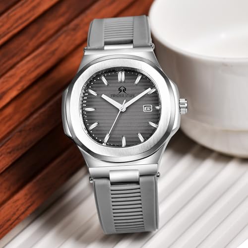 SWADESI STUFF Men's Stylish Date Display Analog Wrist Watch | 42mm Stainless Steel Case | Multicolor Silicone Strap | Casual & Formal Wear for Men (Sharkgrey) - Image 5