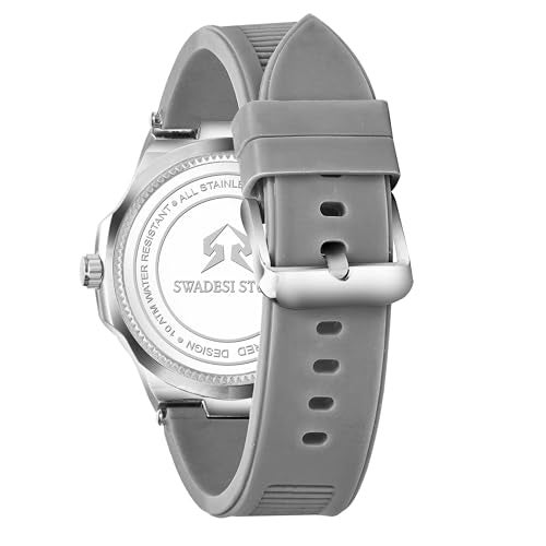 SWADESI STUFF Men's Stylish Date Display Analog Wrist Watch | 42mm Stainless Steel Case | Multicolor Silicone Strap | Casual & Formal Wear for Men (Sharkgrey) - Image 4