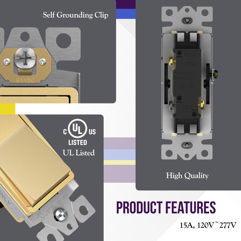 ENERLITES Elite Series Decorator Switch with Screwless Wall Plate, Paddle Light Switch, Single Pole, 3 Wire, Grounding Screw, Residential Grade, 15A 120V, UL Listed, 91150-GDWP, Gold with Wall Plate - Image 4