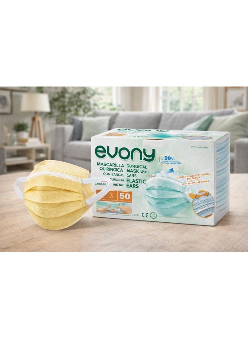 evony 3-Ply Surgical Face Mask Yellow Color – Box of 50 Pieces with Soft Elastic Ear Loops. - Image 3