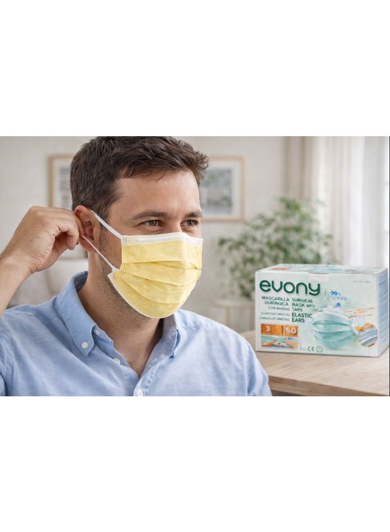 evony 3-Ply Surgical Face Mask Yellow Color – Box of 50 Pieces with Soft Elastic Ear Loops. - Image 2