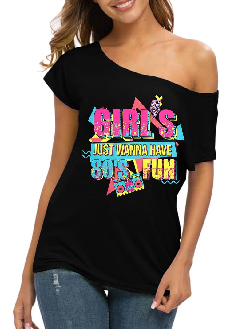 QLIPIN 90s 80s Outfit for Women 80's Theme Party Disco Shirt Off the Shoulder Tops Vintage 90s Neon Off Shoulder Top - Image 2
