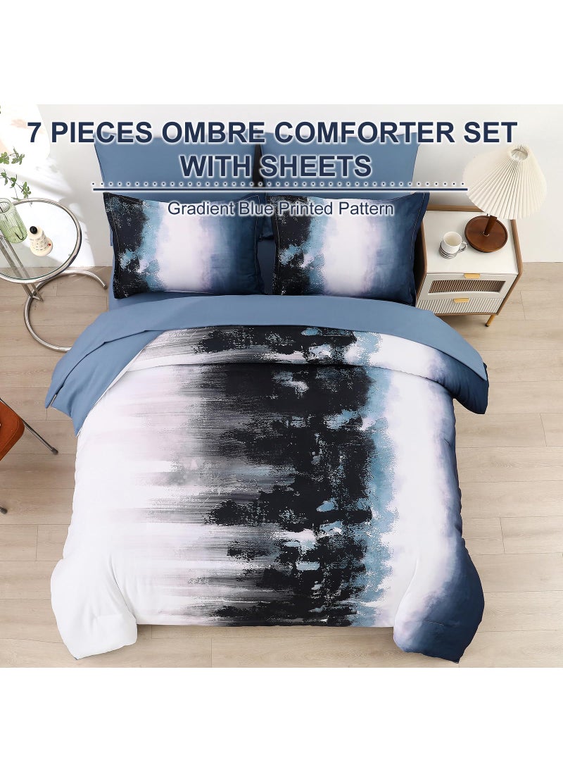 Dinjoy Dinjoy Ombre Blue Comforter Set Twin Size Gradient Navy Blue Black Boho Bedding Set for Teen Men Women 6 Pieces Bed in A Bag Bohemian Bed Set with Comforter  Sheets  Pillowcases & Shams  - Image 3