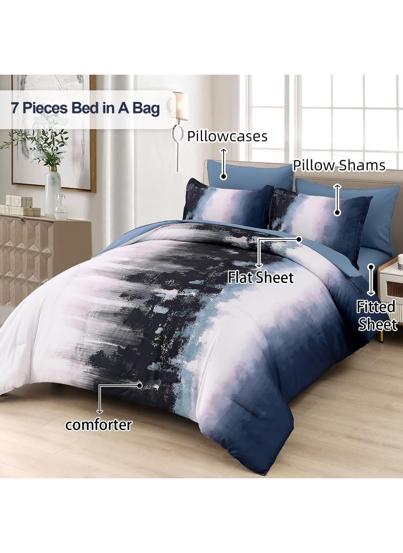 Dinjoy Dinjoy Ombre Blue Comforter Set Twin Size Gradient Navy Blue Black Boho Bedding Set for Teen Men Women 6 Pieces Bed in A Bag Bohemian Bed Set with Comforter  Sheets  Pillowcases & Shams  - Image 2