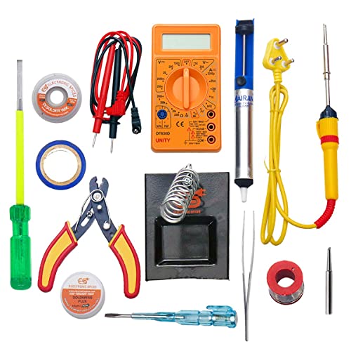 Electronicspices Electronic Spices (13 in 1) 25 W Soldering Iron , Digital Multimeter, Iron Bit, Solder Stand, Solder Wire, Desoldering Pump, Desolder Wire, Paste, Cutter Tester, Tape, Tweezer, Screw Driver Starter Kit - Image 1