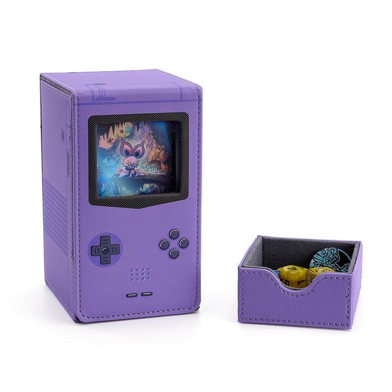 Venssu Retro Gaming Console MTG Deck Box with Dice Tray, Card Deck Case with Commander Display, PU Leather Card Storage Box Fit 120 Single Sleeved Cards, Compatible with TCG/PTCG (Purple) - Image 1