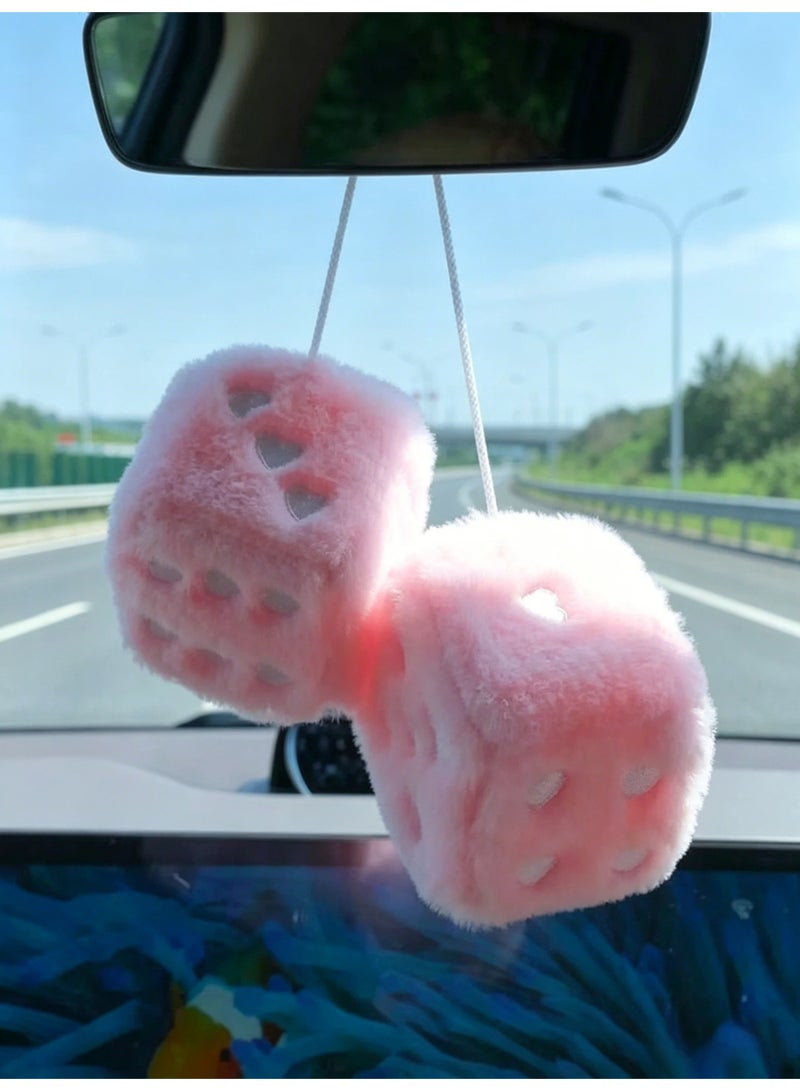 V.nice 1 Pair Fuzzy Plush Dice Car Hanging Ornament, Pink with White Dots Dice Decor, Cute Rear View Mirror Accessories, Classic Car Interior Decor for Cars Trucks SUV - Image 1