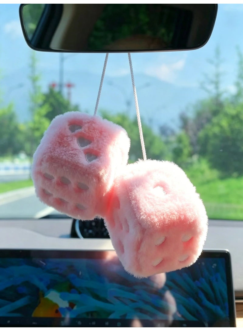 V.nice 1 Pair Fuzzy Plush Dice Car Hanging Ornament, Pink with White Dots Dice Decor, Cute Rear View Mirror Accessories, Classic Car Interior Decor for Cars Trucks SUV - Image 5