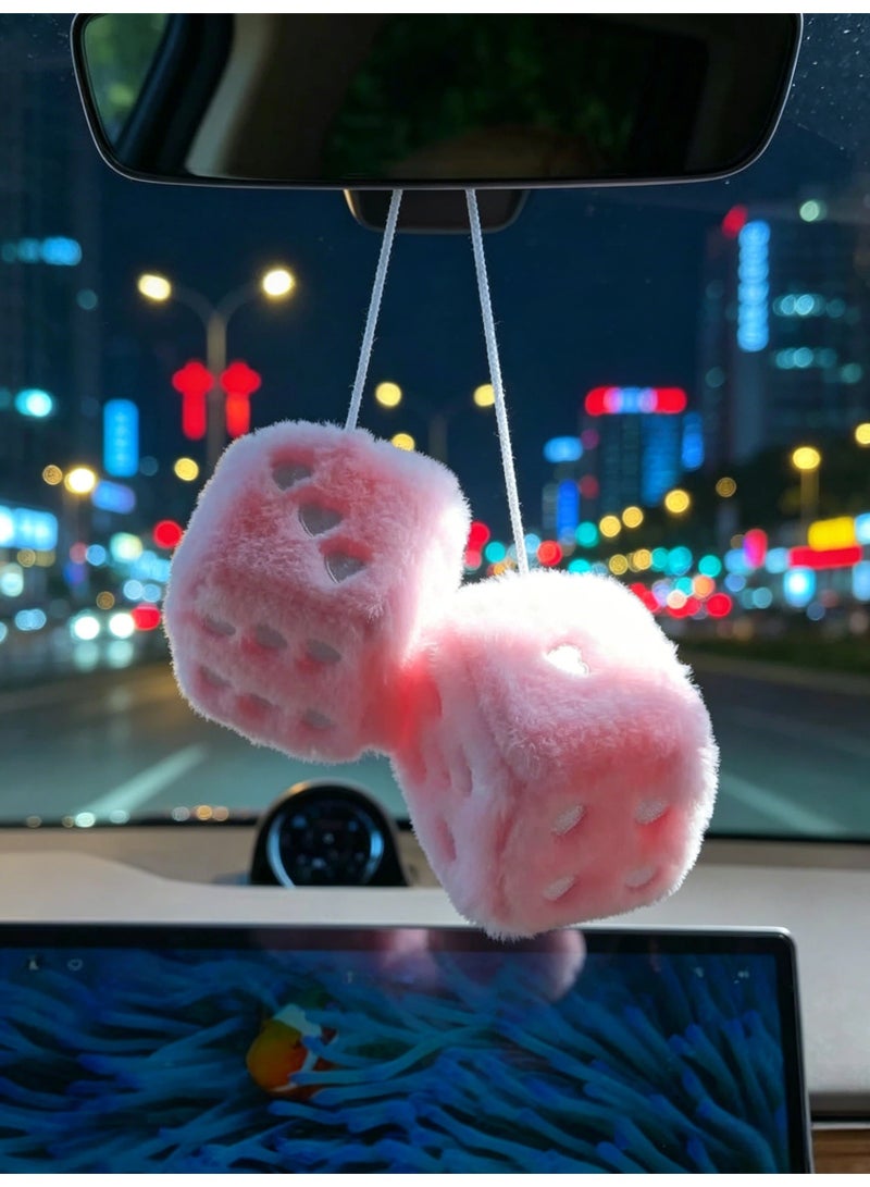 V.nice 1 Pair Fuzzy Plush Dice Car Hanging Ornament, Pink with White Dots Dice Decor, Cute Rear View Mirror Accessories, Classic Car Interior Decor for Cars Trucks SUV - Image 2