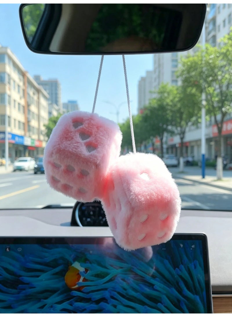 V.nice 1 Pair Fuzzy Plush Dice Car Hanging Ornament, Pink with White Dots Dice Decor, Cute Rear View Mirror Accessories, Classic Car Interior Decor for Cars Trucks SUV - Image 3