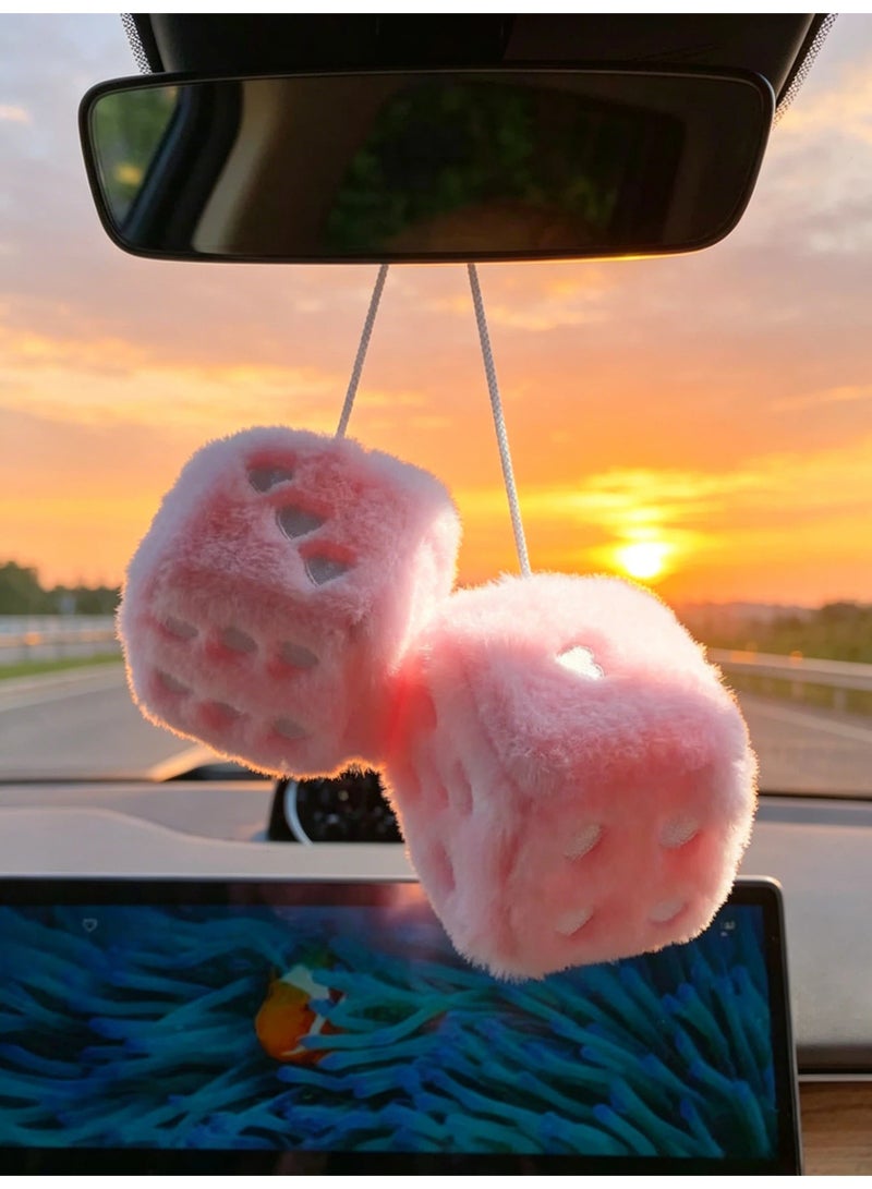 V.nice 1 Pair Fuzzy Plush Dice Car Hanging Ornament, Pink with White Dots Dice Decor, Cute Rear View Mirror Accessories, Classic Car Interior Decor for Cars Trucks SUV - Image 4