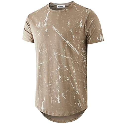 KLIEGOU Mens Hipster Hip Hop Ripped Round Hemline Pattern Print T Shirt (86SH Khaki M) - Image 1